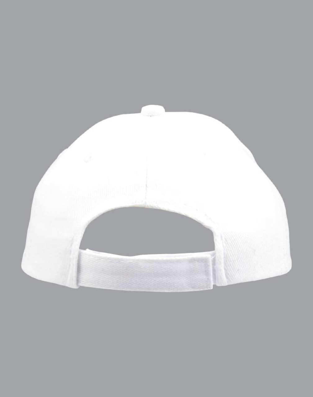 A white brushed cotton cap featuring an adjustable strap at the back and a logo on the side.
