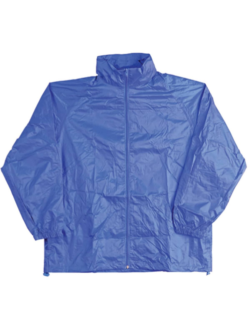 A blue outdoor activity spray jacket with a full zip and elasticated cuffs, featuring a logo.