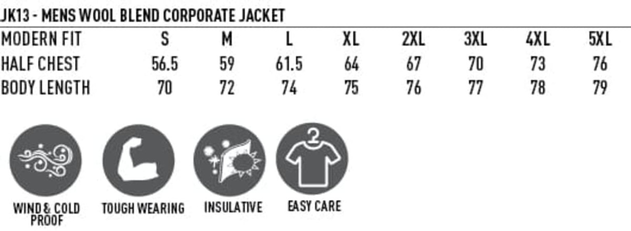 A men's wool blend corporate jacket in various sizes, featuring a modern fit and a logo. Suitable for formal wear.