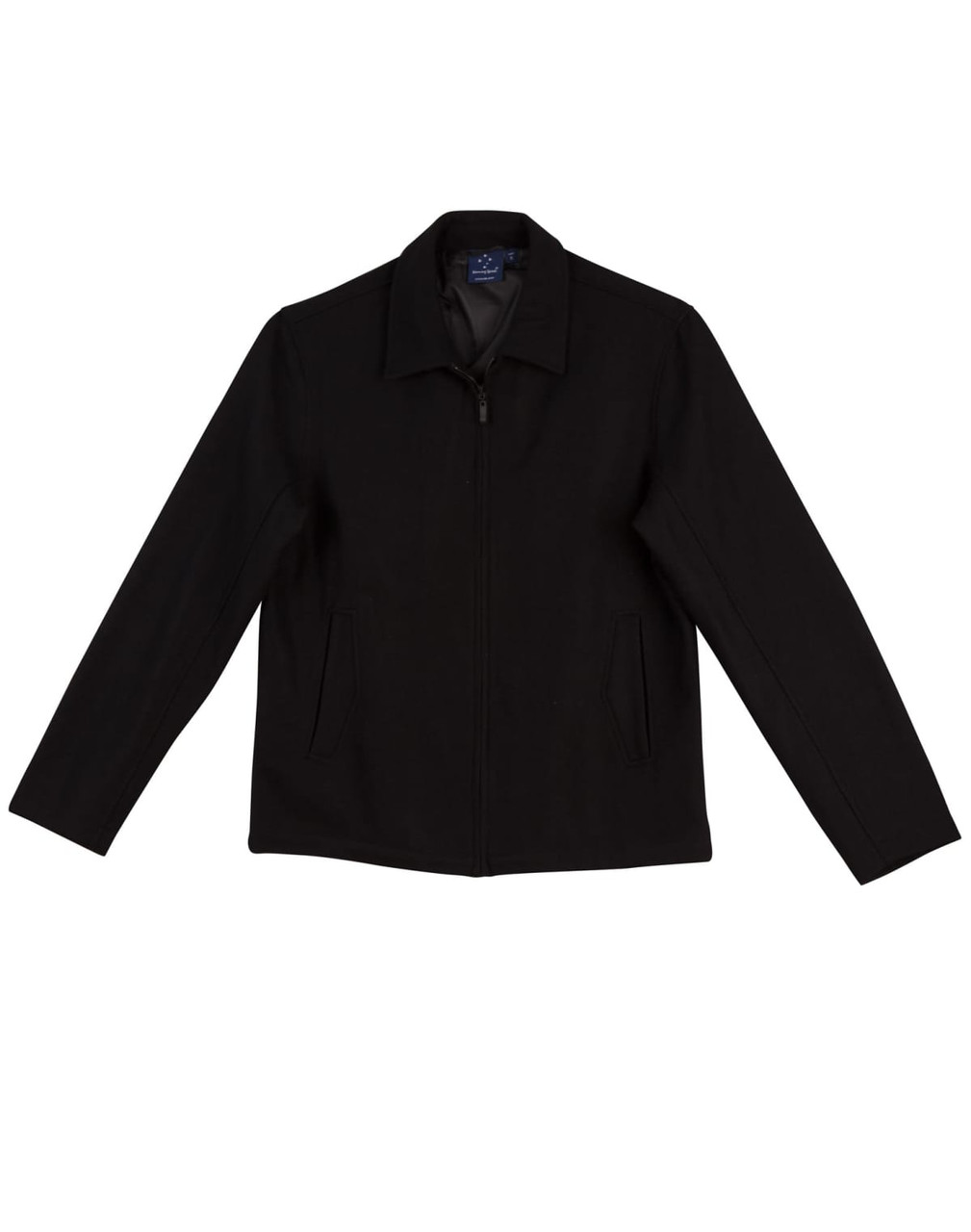 A black wool blend corporate jacket with a collar and two front pockets, featuring a logo.