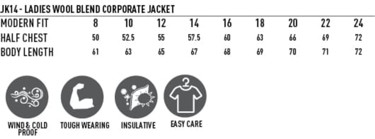 A ladies wool blend corporate jacket in various sizes, featuring a modern fit and wind-proof qualities.