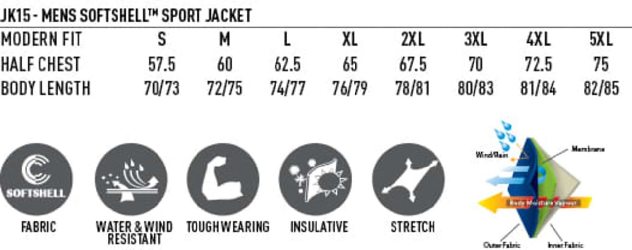 A Men's Softshell Contrast Jacket in various sizes, featuring modern fit and water-resistant fabric with a logo.