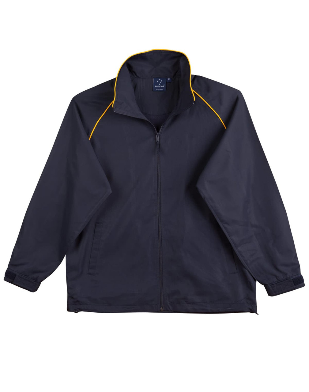 A black track jacket with yellow detailing and a collar, featuring a logo on the front.