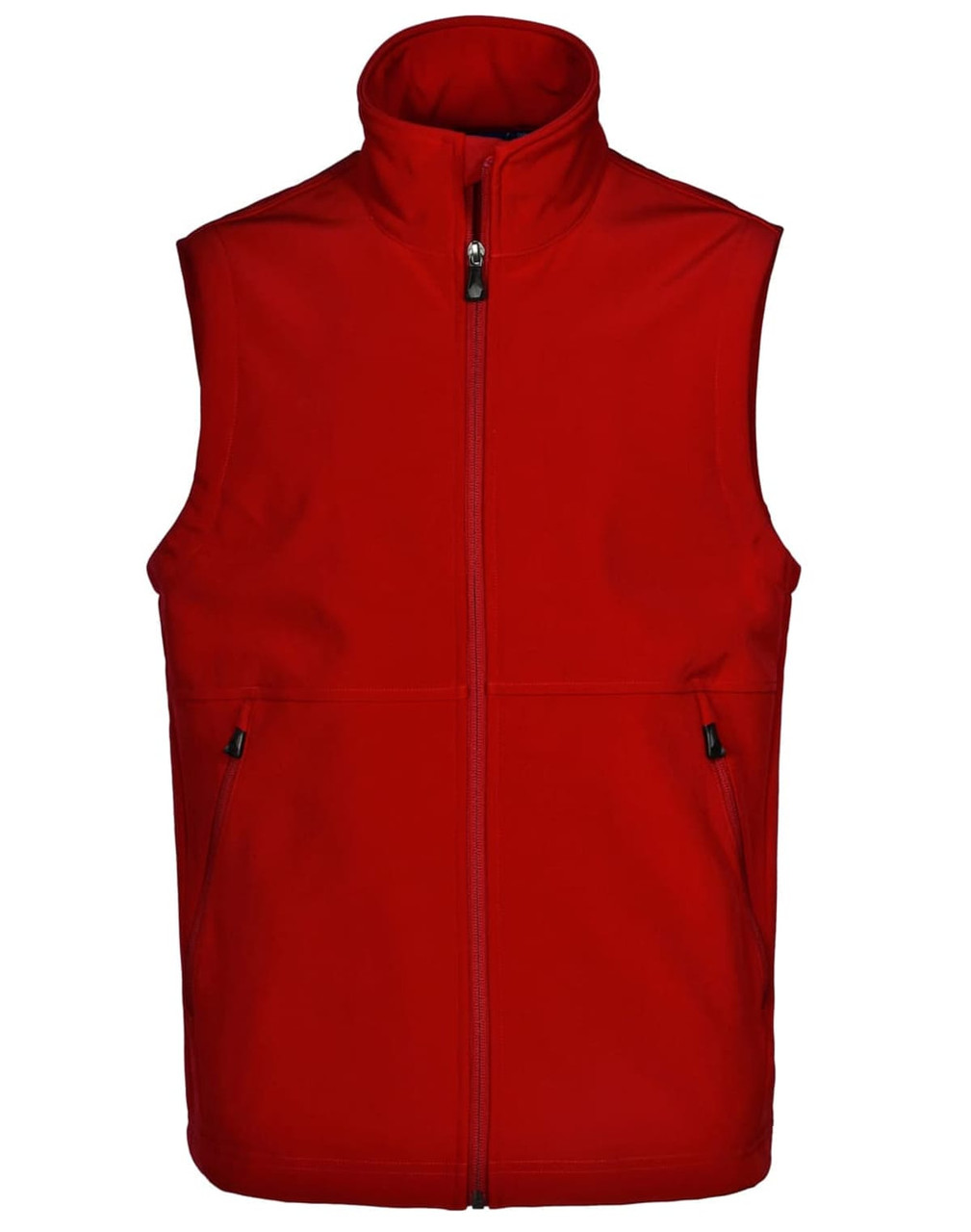 A red men's softshell hi-tech vest featuring a high collar and zippered front, with side pockets and a logo.
