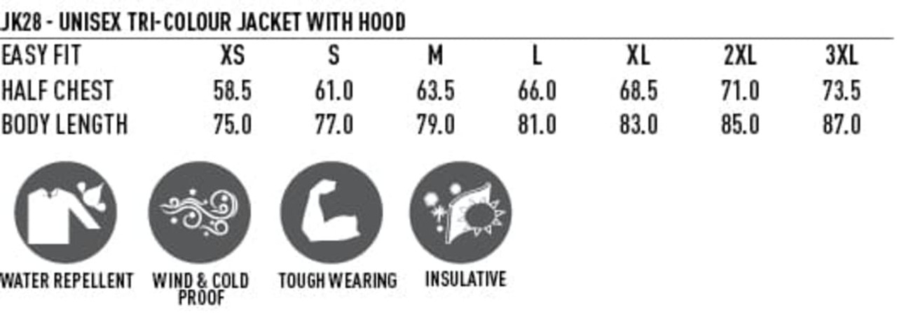A tri-colour jacket with a hood, featuring a water repellent design in various sizes. Includes a logo.