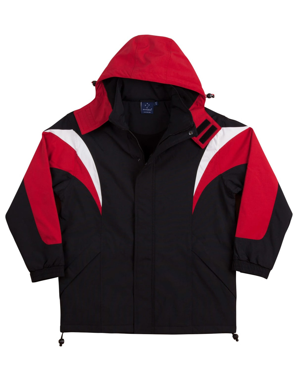 A tri-colour jacket with a hood, featuring black, red, and white panels, and a logo on the chest.