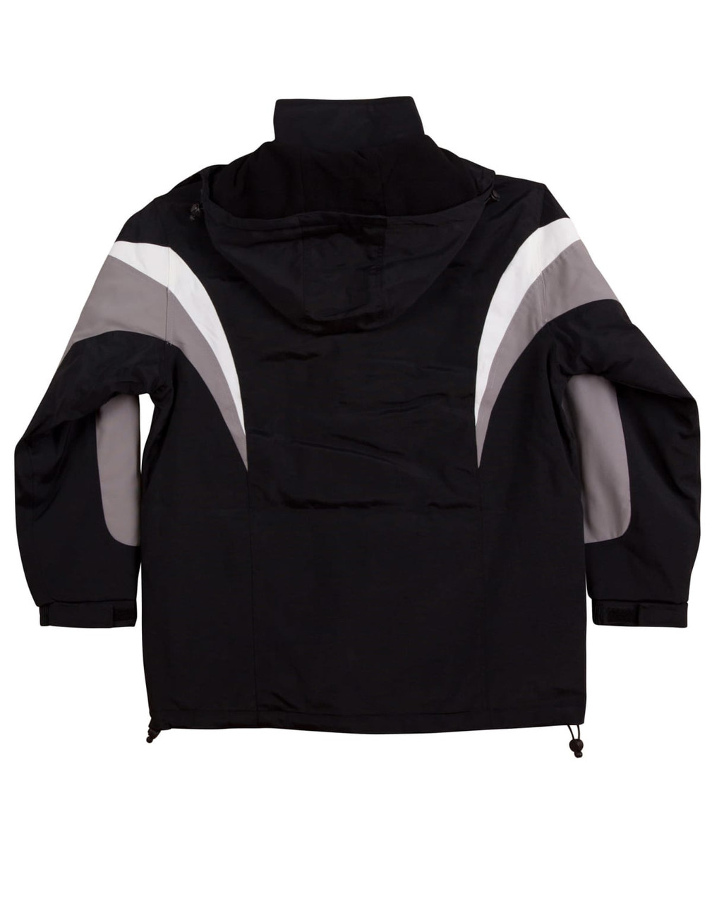 A tri-colour jacket with a hood in black and grey tones, featuring a logo on the back.