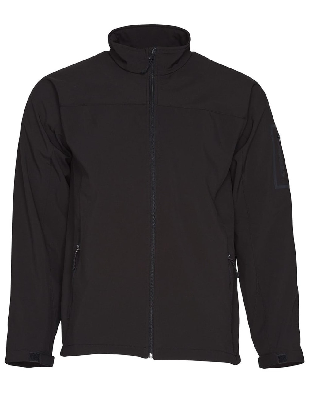 A black softshell jacket with a zippered front and side pockets, featuring a logo on the arm.