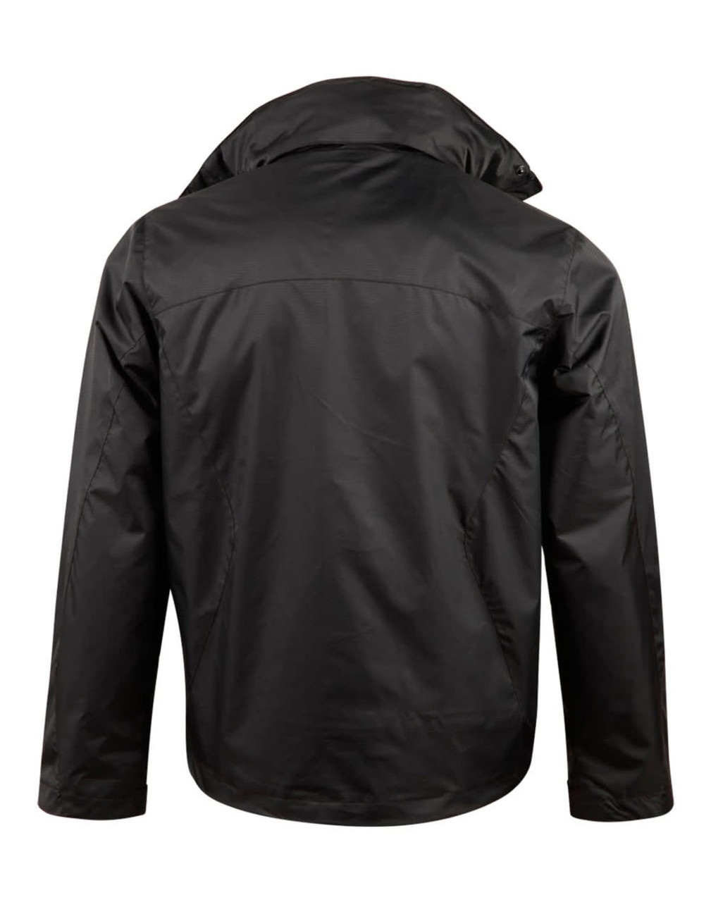 A black jacket featuring a high collar and a clean back design, including a logo.