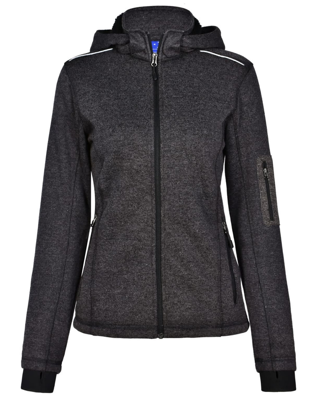 A ladies' fleece jacket in heather grey with a hood, featuring zippered pockets and a logo.