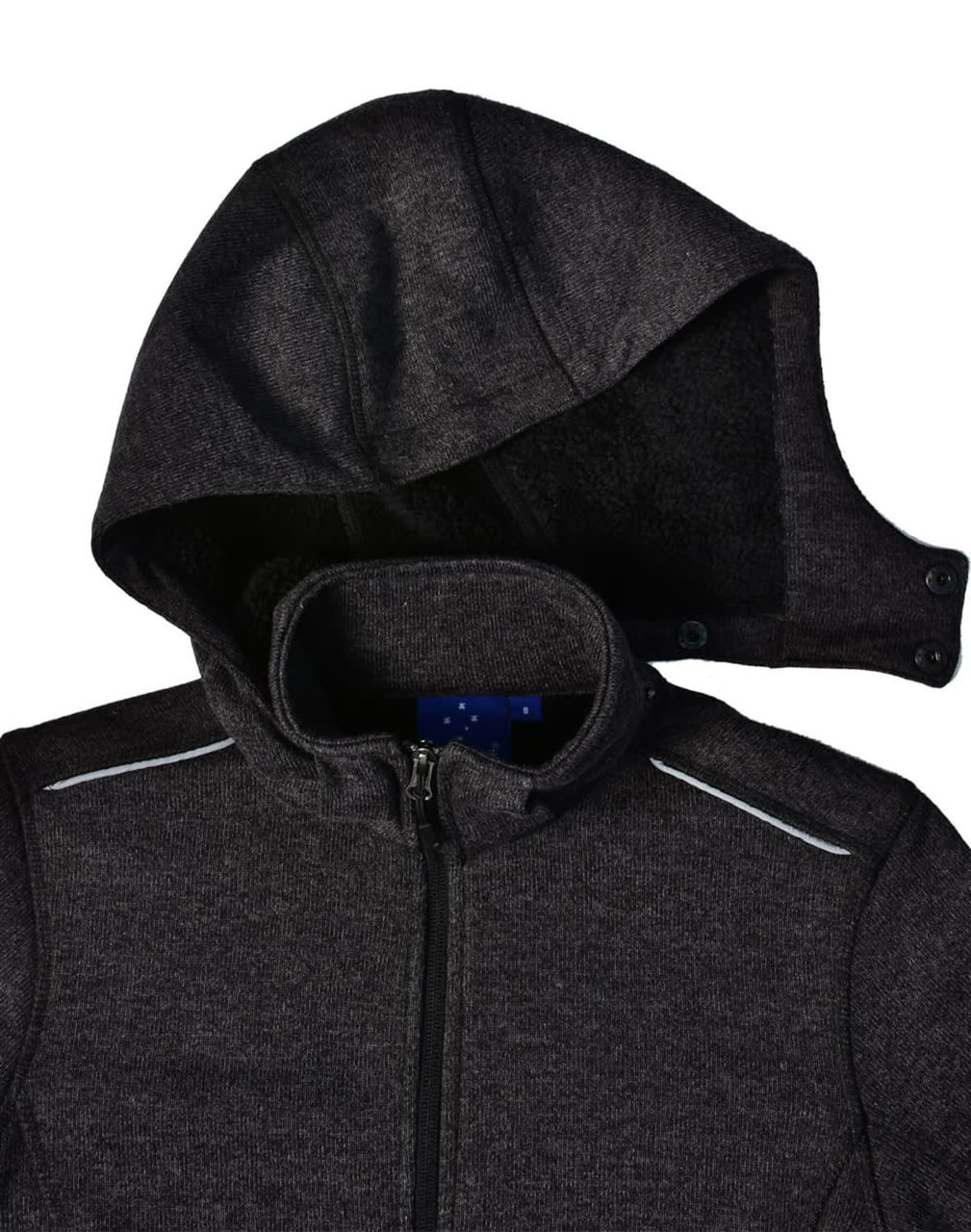 A dark grey bonded fleece jacket featuring a hood and zip closure. It has a logo and contrasting details.
