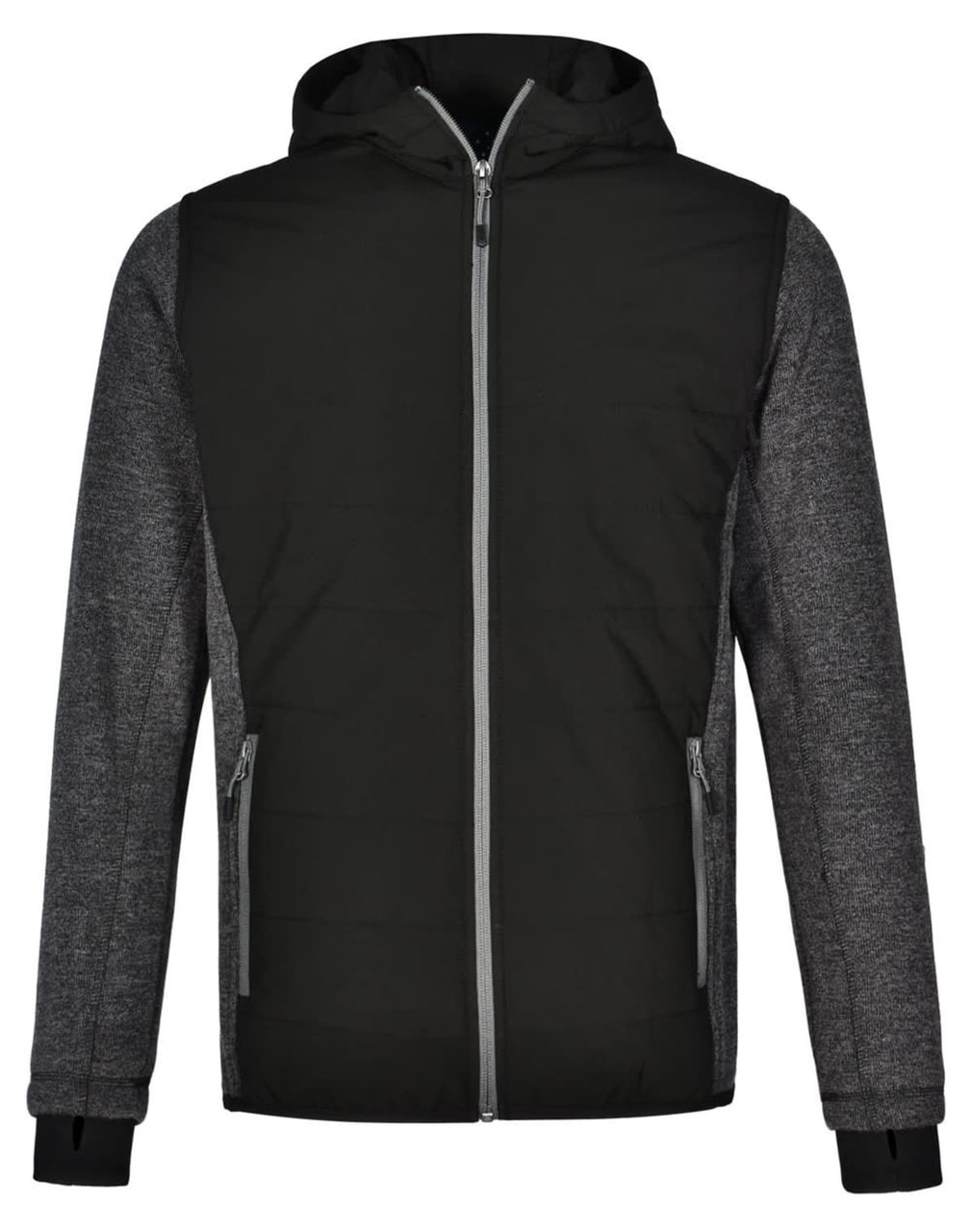 A men's jacket featuring a quilted body in black and grey with a hood and zippered front. It has pockets and a logo.