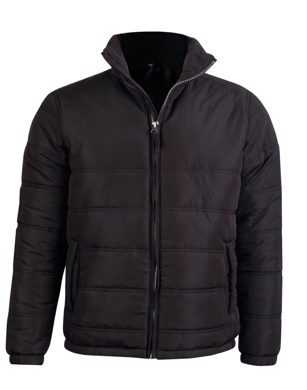 A black heavy quilted jacket with a zip front and high collar, featuring a logo on the chest area.
