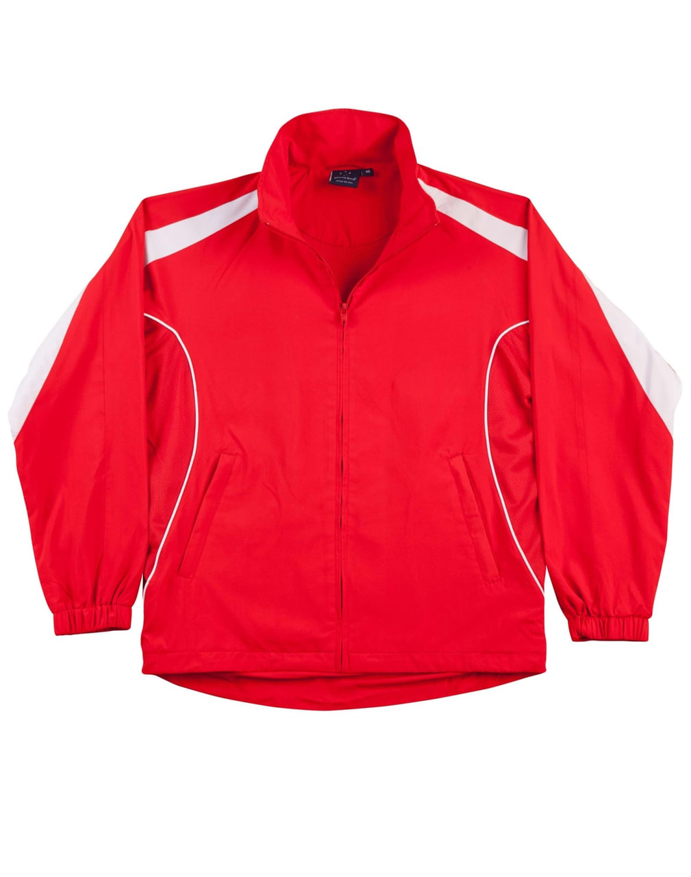 A red track jacket featuring white accents and a logo, designed with a zip front and side pockets.