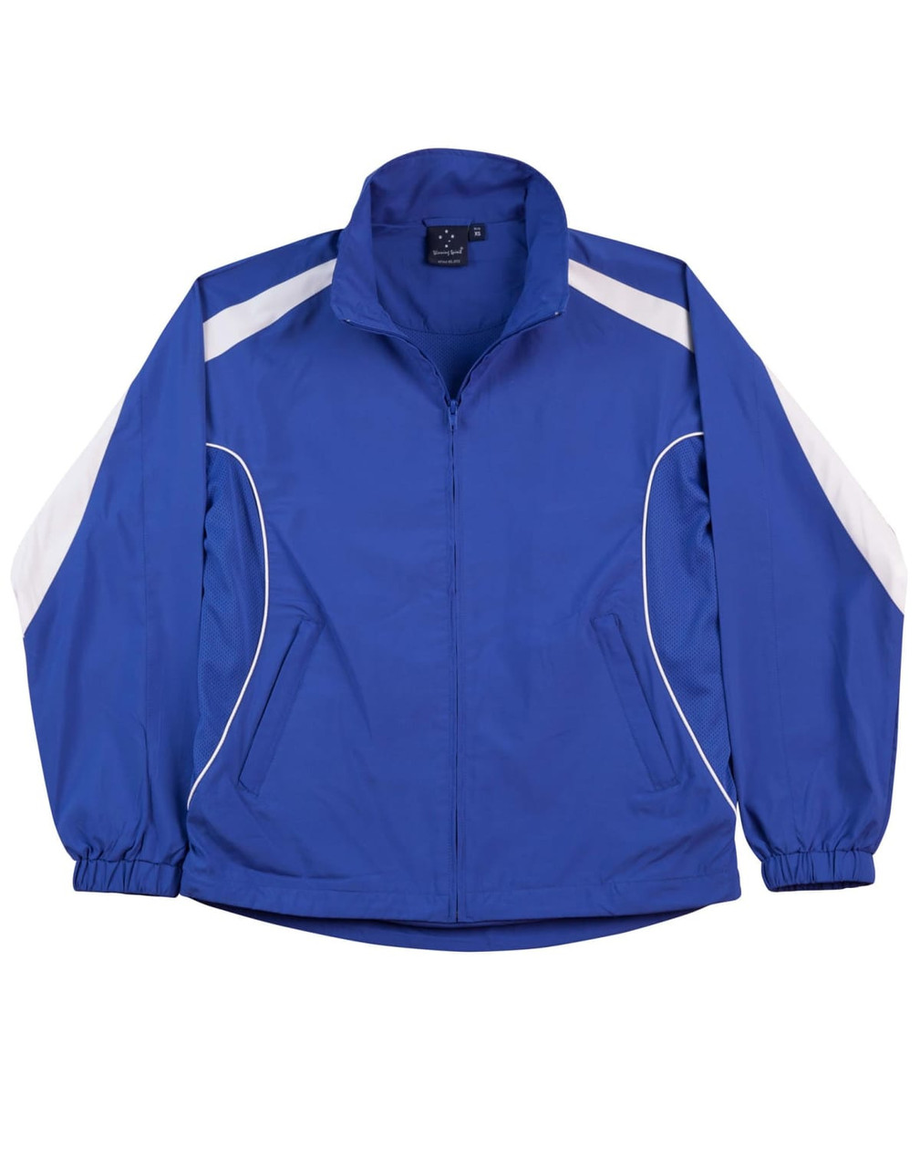 A blue warm-up jacket with white side panels and a logo, featuring a zip front and side pockets.