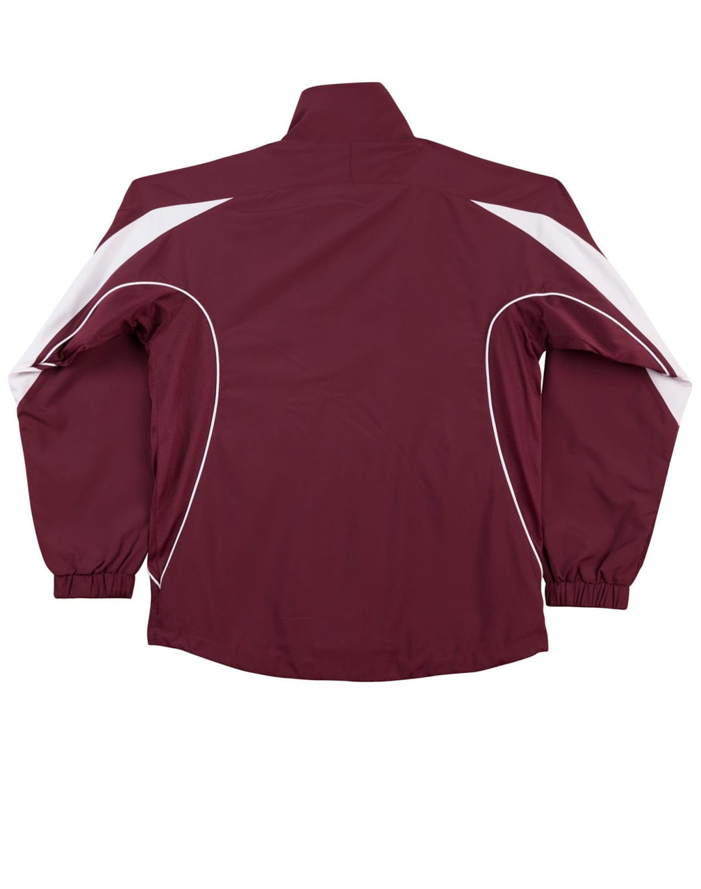 A kids' warm-up jacket in maroon with white detailing and an athletic design. It features a stand-up collar and elasticised cuffs.