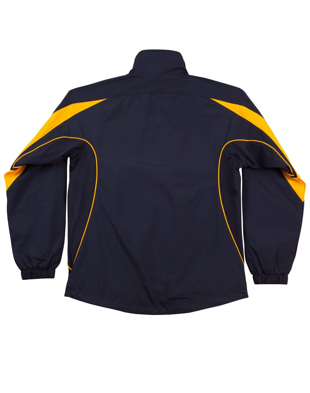 A black and yellow track jacket featuring long sleeves and a high collar, with branding present.
