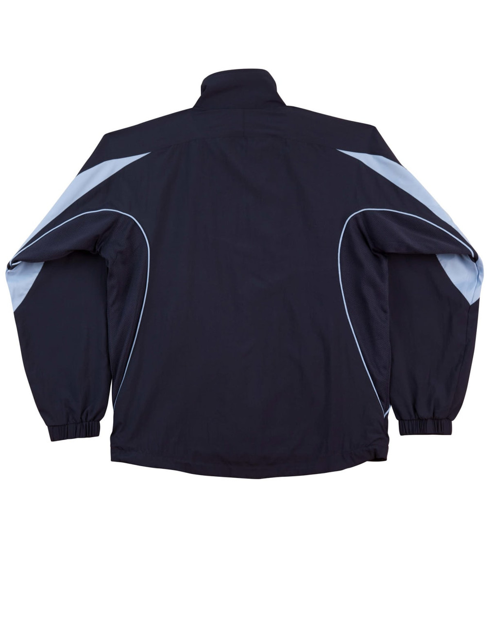 A black kids' warm-up jacket with light blue accents and a logo on the back. Suitable for track activities.