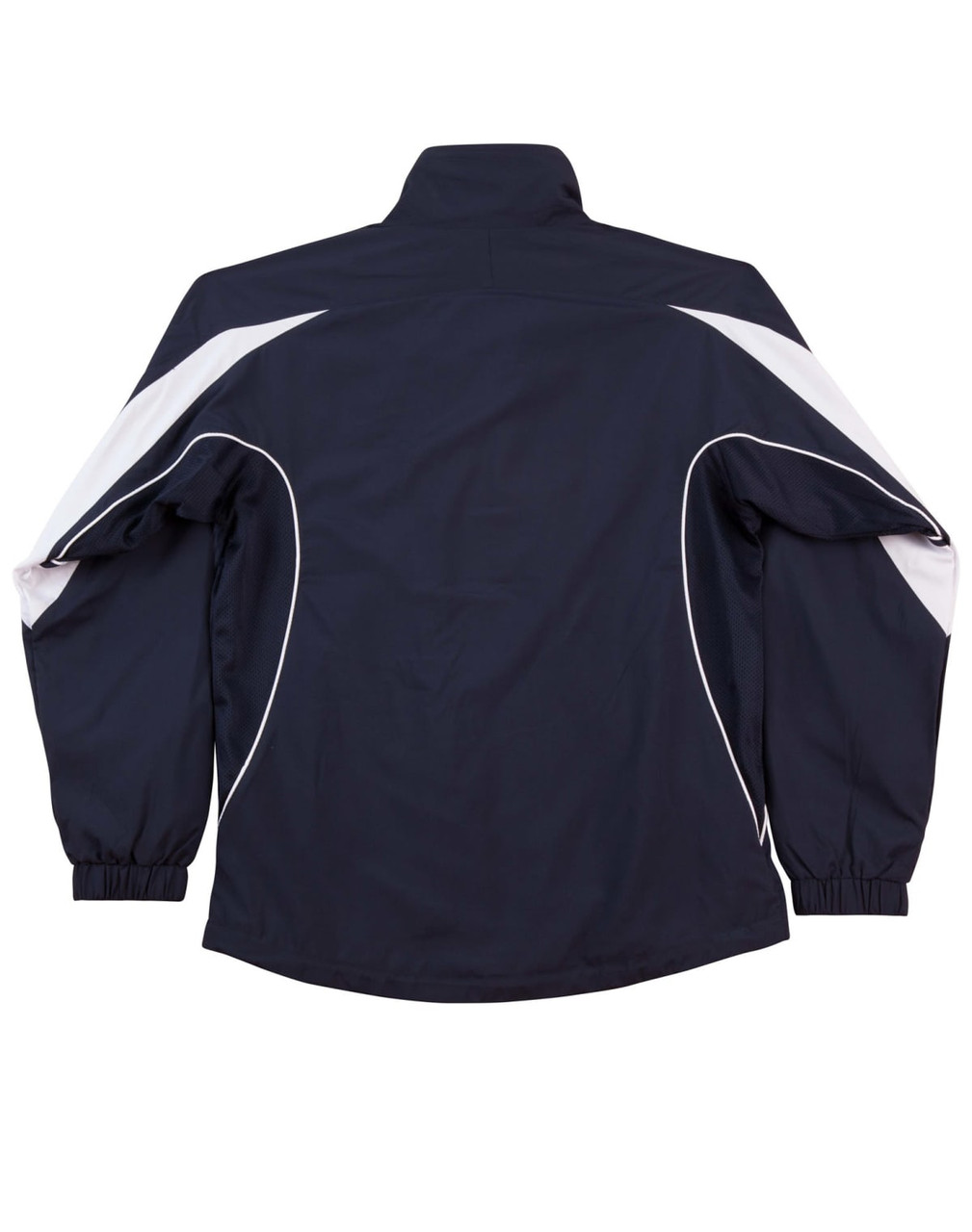 A navy blue kids' warm-up jacket with white accents and a high collar, featuring elastic cuffs. There is a logo present.