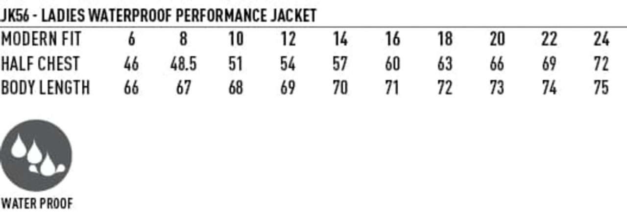 A waterproof performance jacket in various sizes, featuring a modern fit and logo.