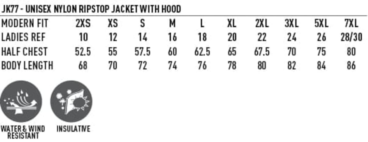 A size chart for the Arena Jacket Unisex, featuring various sizes and measurements for fit.