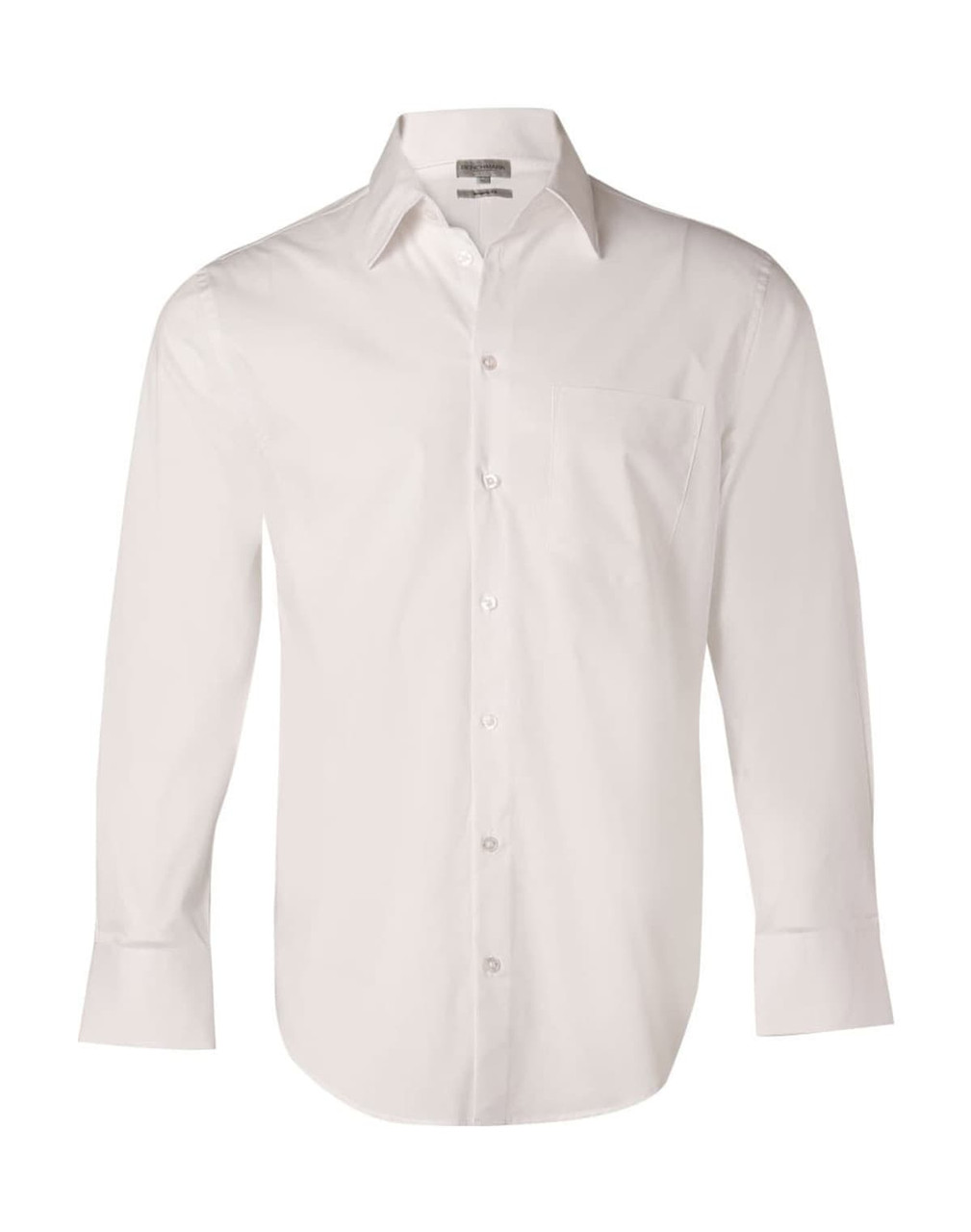 A white long-sleeved button-up shirt with a chest pocket and branding. Made from cotton/poly stretch material.