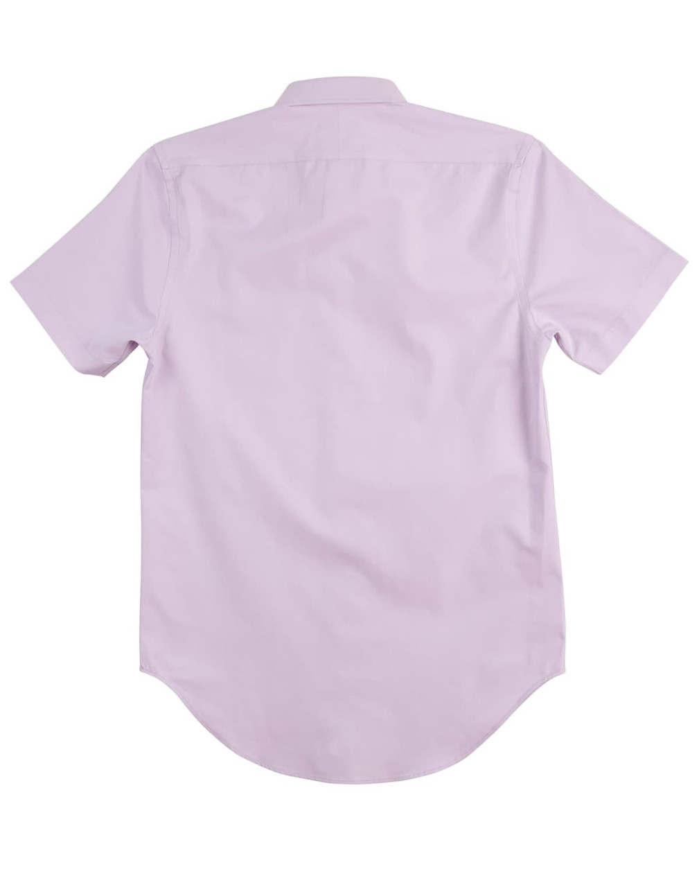 A men's short sleeve shirt in light purple with a curved hem and a back yoke. It features a logo on the brand label.