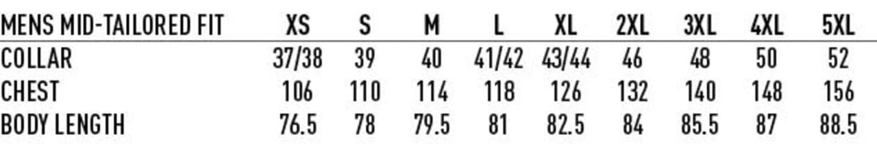 A size chart for Men's Mid-Tailored Fit shirts, with measurements for collar, chest, and body length in various sizes.