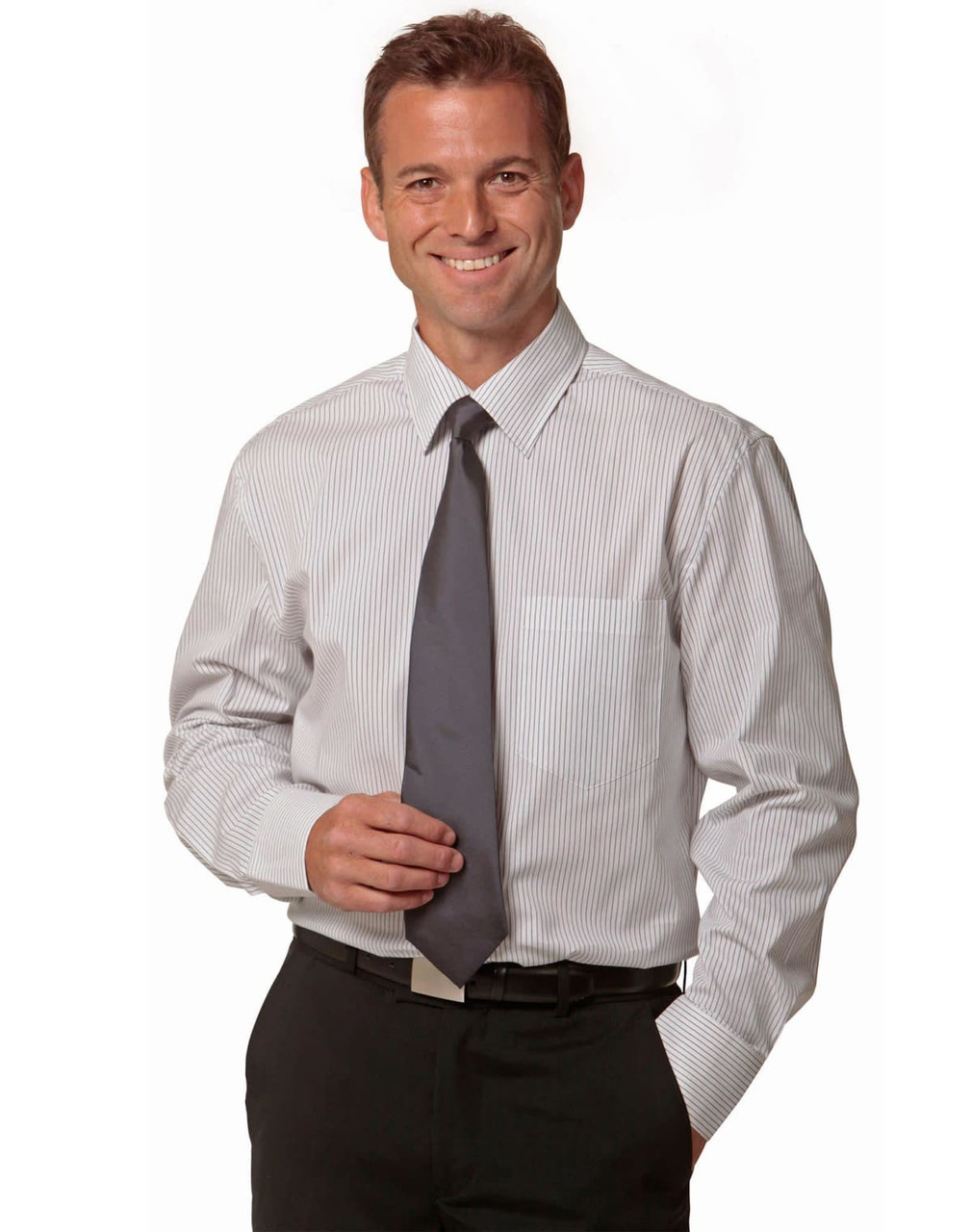 A men's long-sleeve button-up shirt in white with grey ticking stripes, worn with a grey tie. Features a pocket and a logo.
