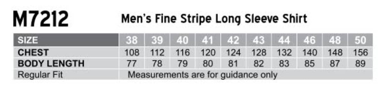 A table displaying sizes and measurements for the Men's Fine Stripe Long Sleeve Shirt, in a regular fit.