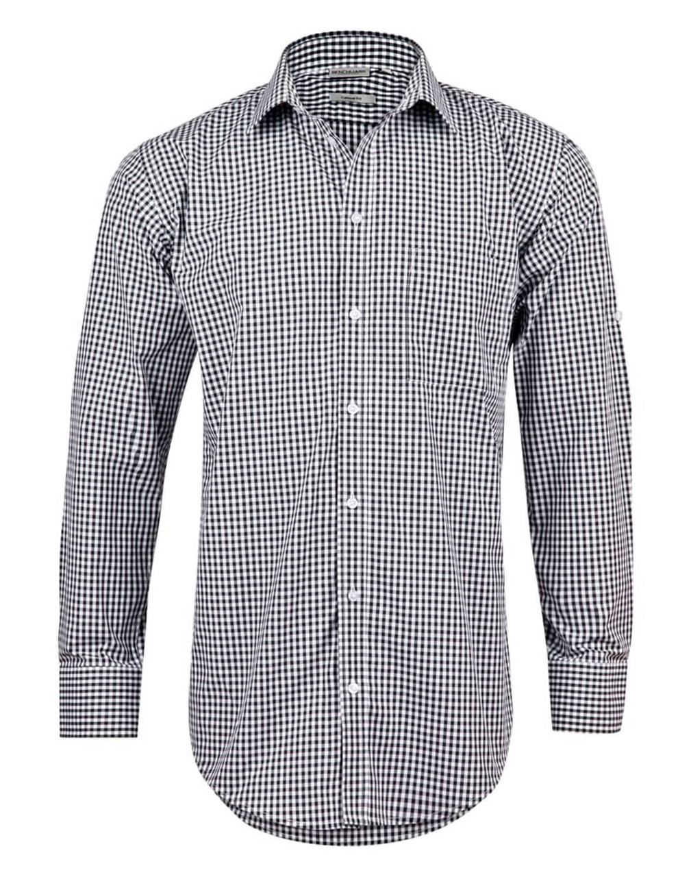 A black and white gingham check long-sleeve button-up shirt with a logo on the sleeve.