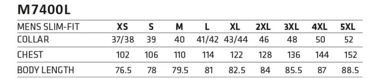 A size chart for the Men's Slim-Fit Button-Up Shirt, detailing collar and chest measurements in Australian sizes.