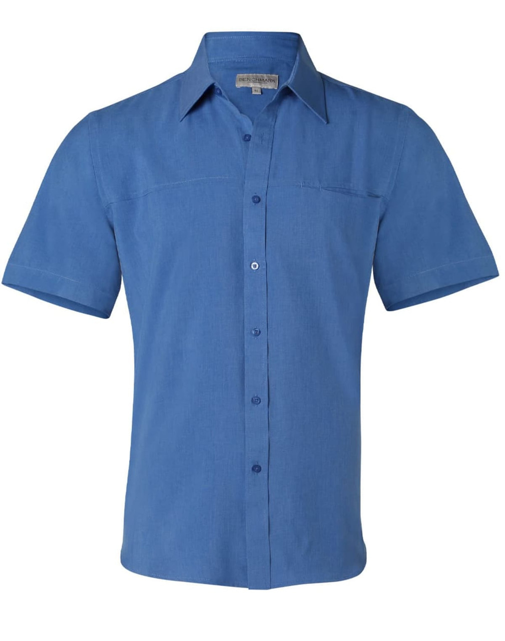 A men's short sleeve shirt in a shade of blue, featuring a button-down front and a patch pocket. It has a logo.