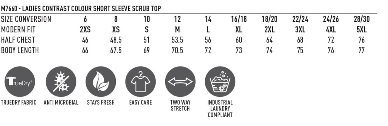 A short sleeve scrub top in various colours with a logo, featuring a modern fit and anti-microbial fabric.