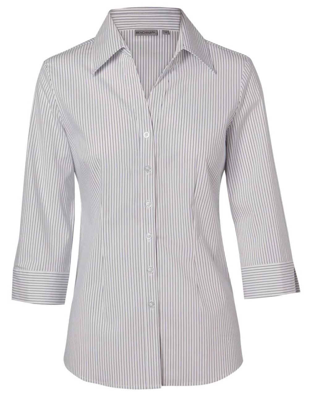 A women's button-up shirt with a ticking stripe pattern in white and navy blue, featuring 3/4 sleeves and a standard collar.