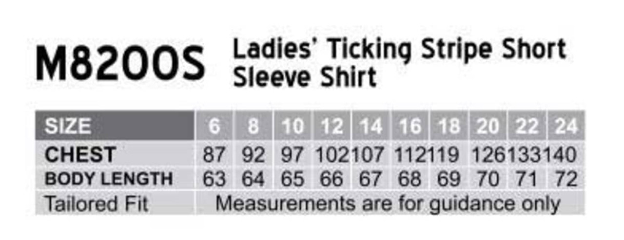 A chart displaying sizes and measurements for a women's ticking stripe short sleeve shirt in a tailored fit.