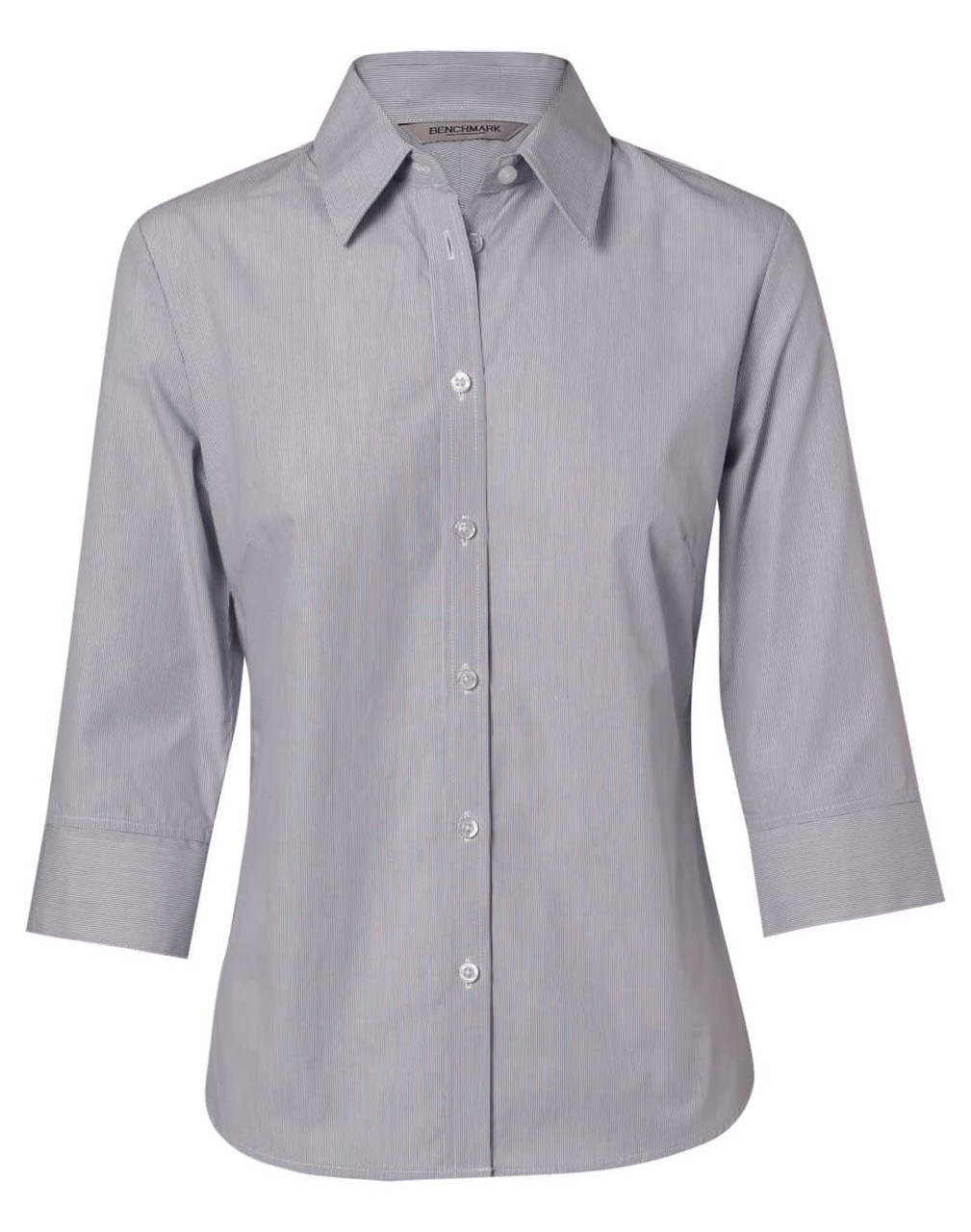 A women's button-up shirt in light grey with fine stripes and 3/4 sleeves. The shirt features a collar and buttons.