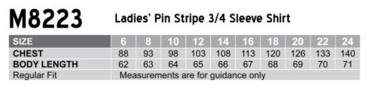 A table displaying size measurements for a women's pin stripe 3/4 sleeve shirt, including chest and body length details.
