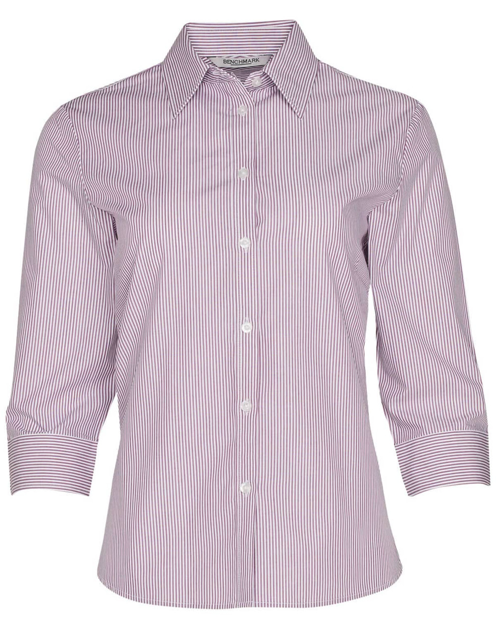 A striped women's button-up shirt with three-quarter sleeves in red and white. Features a collar and a logo.