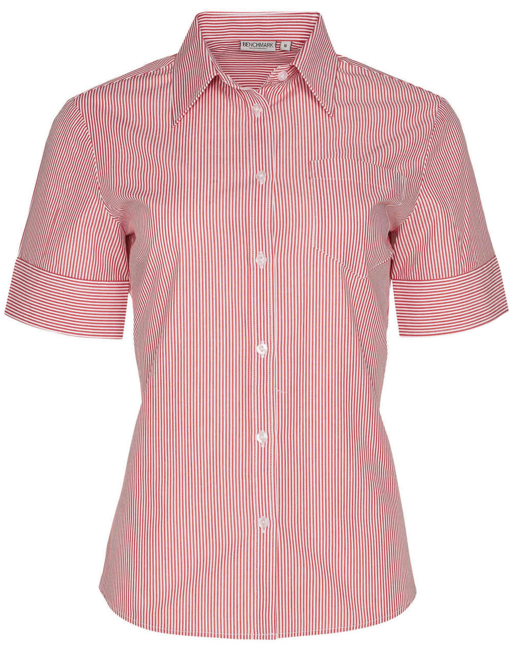 A women's short sleeve button-up shirt featuring red and white stripes and a pocket, with a branding logo.