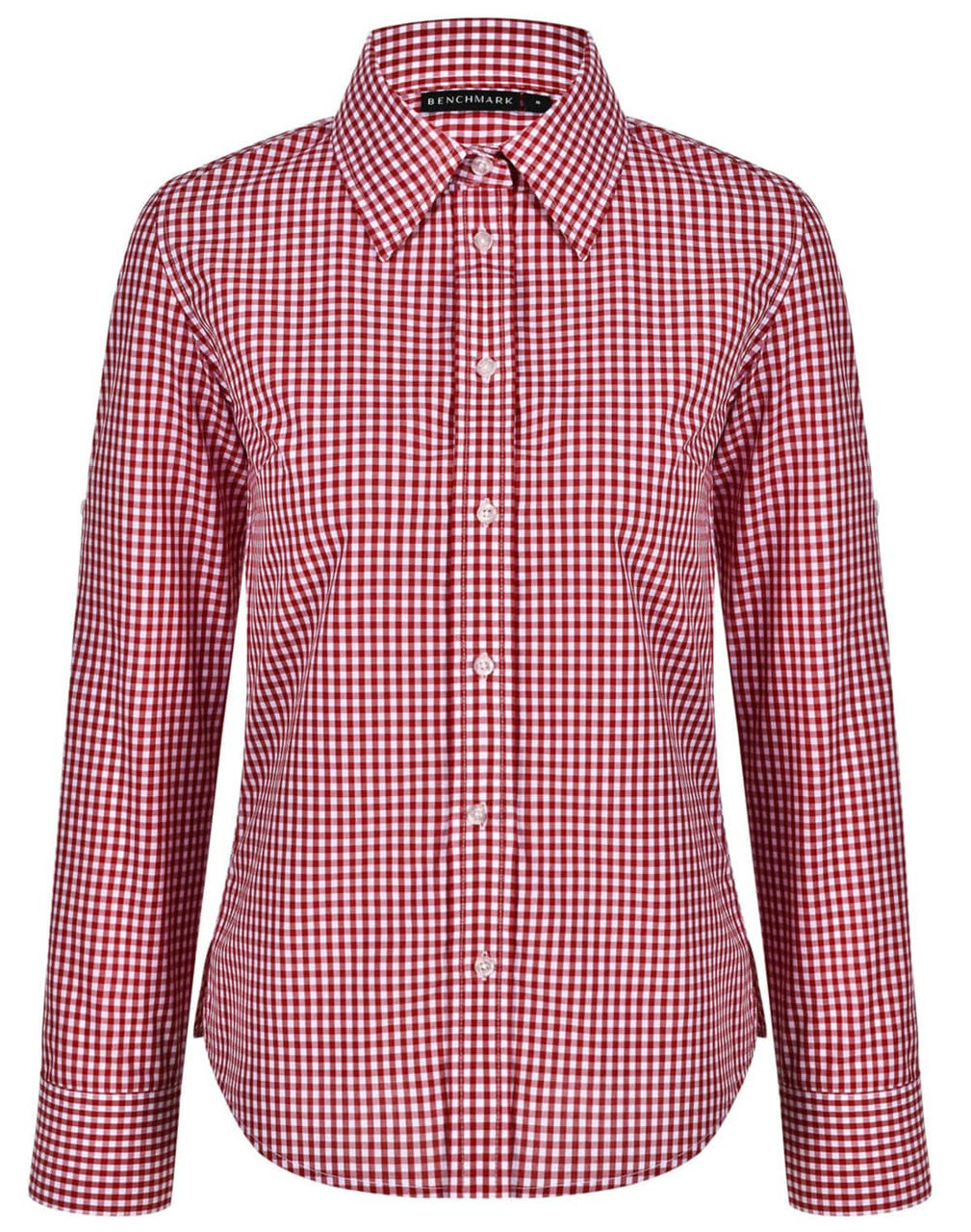 A red and white gingham check roll-up long sleeve shirt with a button-up front and collar, featuring a branding logo.