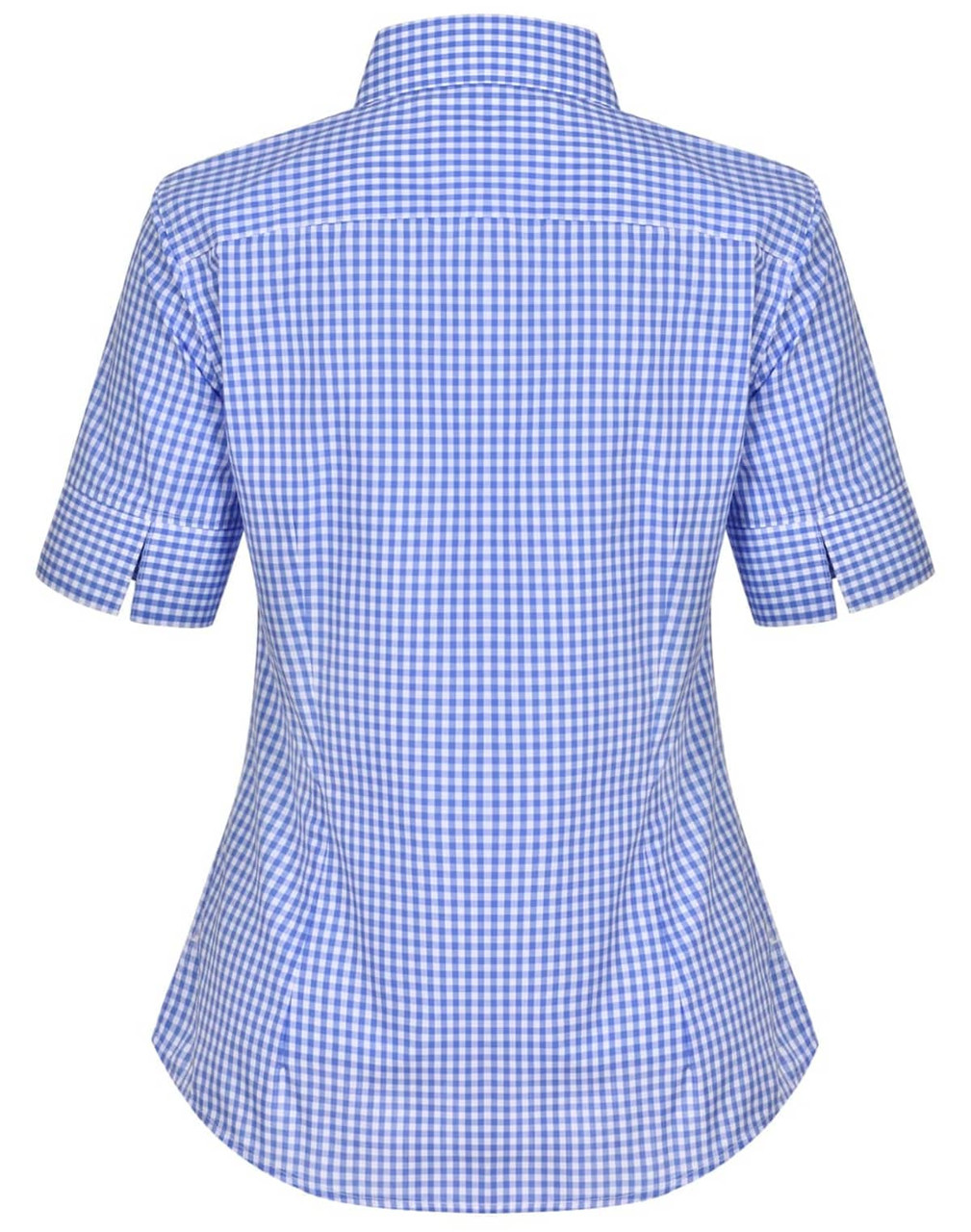 A blue and white gingham check short-sleeved button-up shirt with a fitted silhouette and collar.