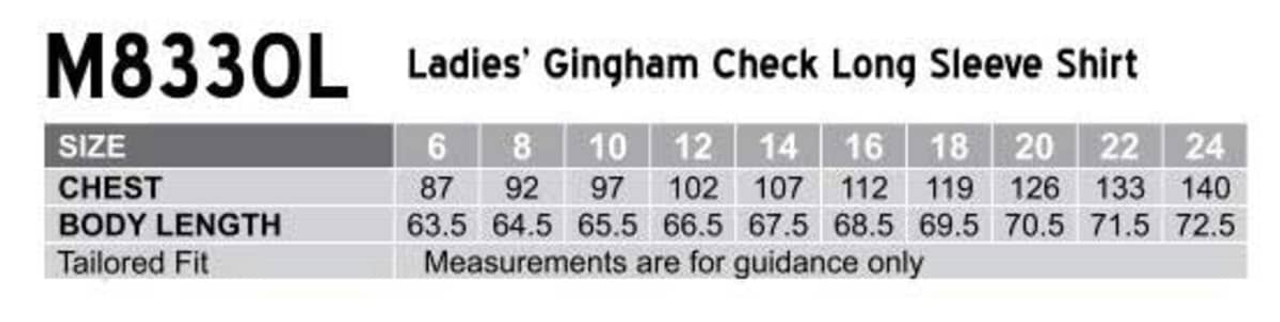 A table displaying sizing and measurements for a women's gingham check long sleeve shirt in various sizes.