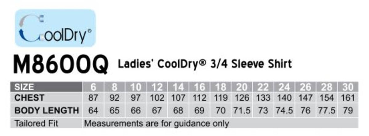 A table listing sizes and measurements for the Women's Cooldry 3/4 Sleeve Shirt, featuring a logo.