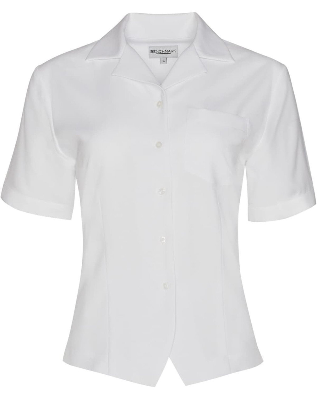 A white women's short sleeve overblouse with a button front and a pocket, featuring a logo.