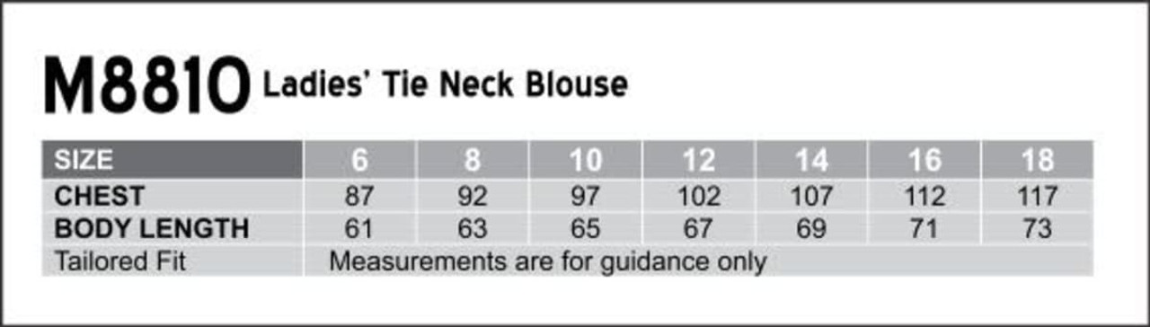 A table displaying sizing information for the Women's Tie Neck Blouse, including chest measurements and body lengths.