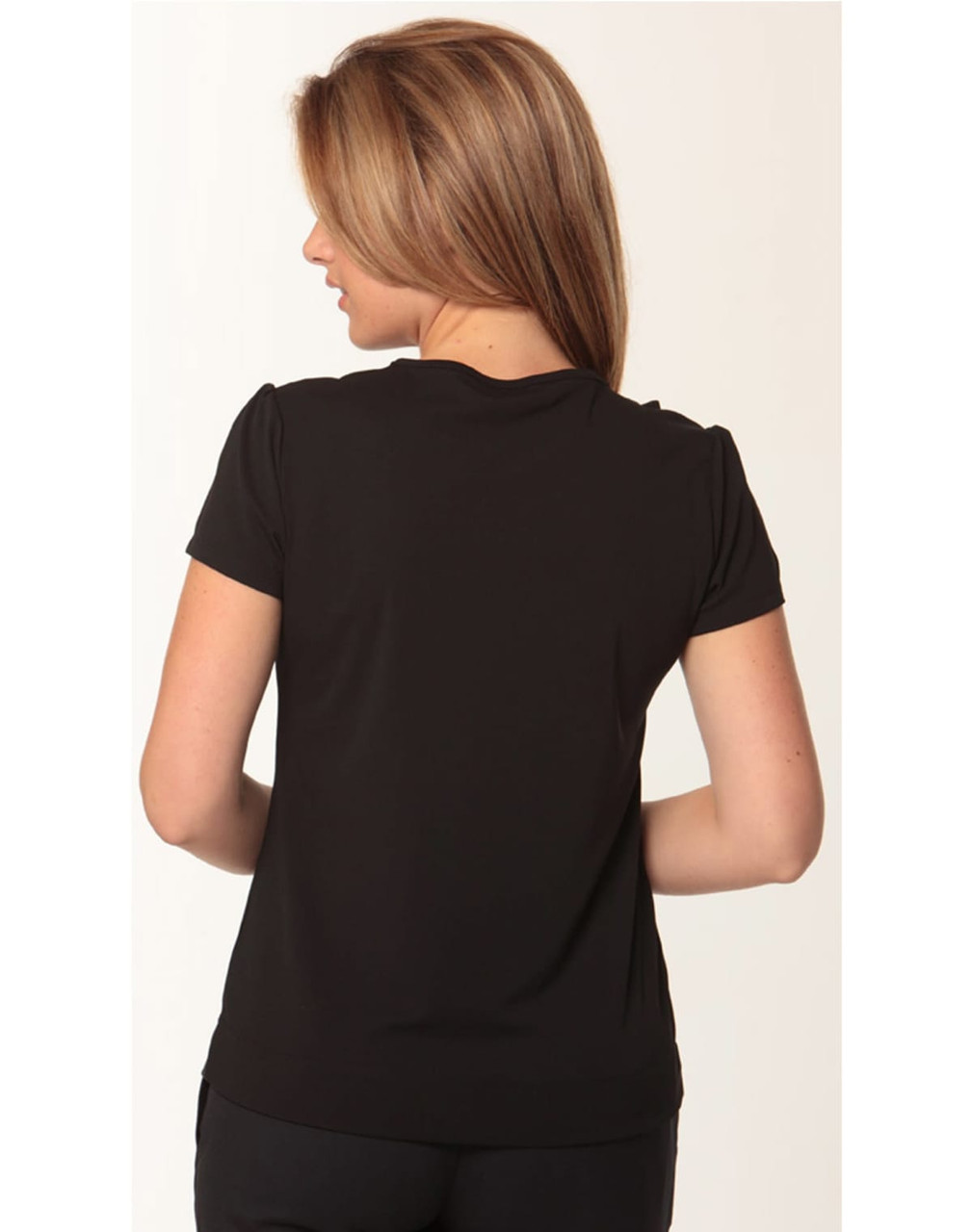 A black women's ruffle front blouse with short sleeves, featuring a simple and elegant design.