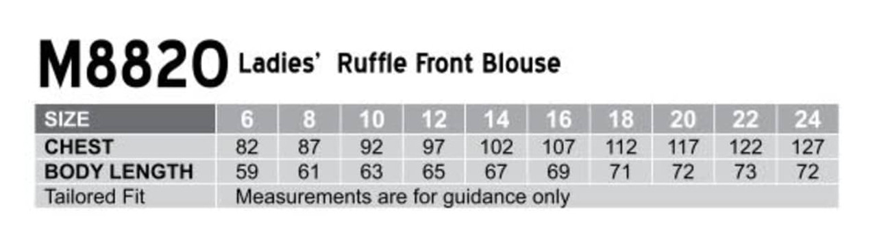 A size chart for the Women's Ruffle Front Blouse, detailing chest measurements and body lengths in various sizes.