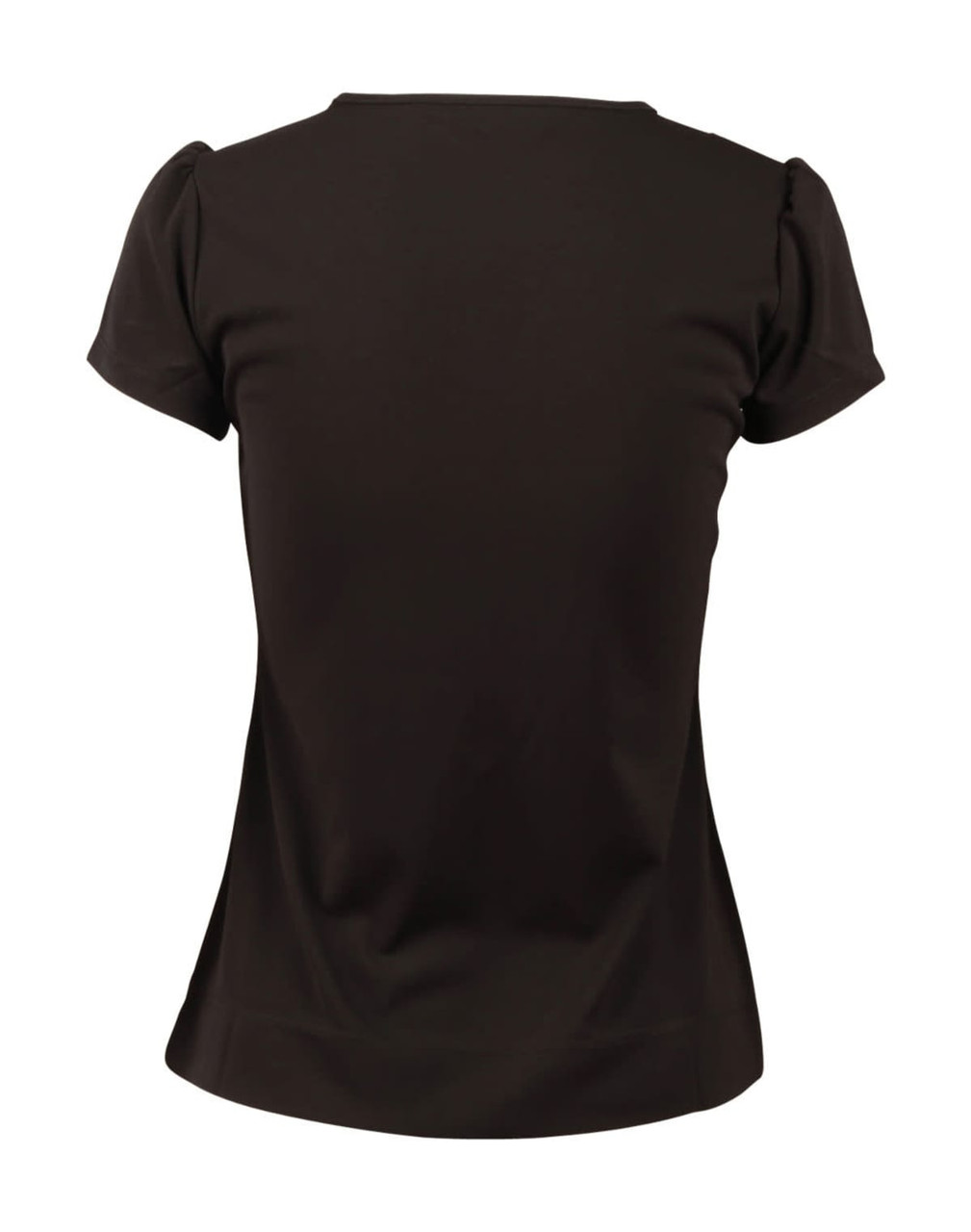 A black women's blouse with ruffle front detail and short sleeves, featuring a fitted silhouette from the back.