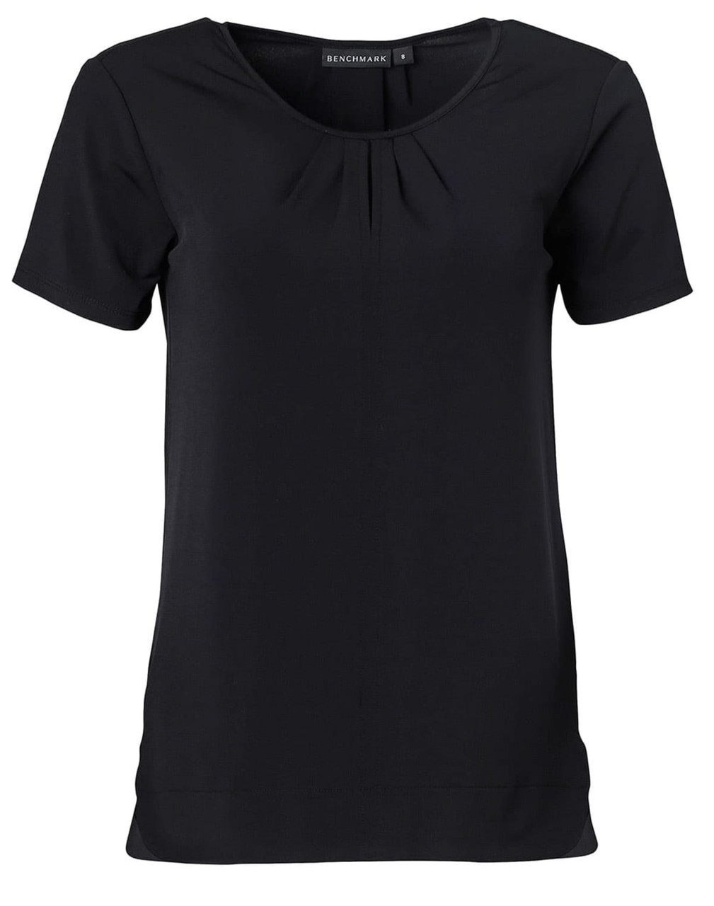 A black short-sleeved knit top with pleats and a round neck, featuring a logo on the tag.